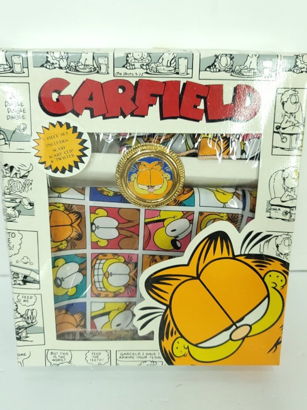 Vintage Garfield 3 Piece Set Scarf Enamel Clip Scrunchie New Old Stock Paws
